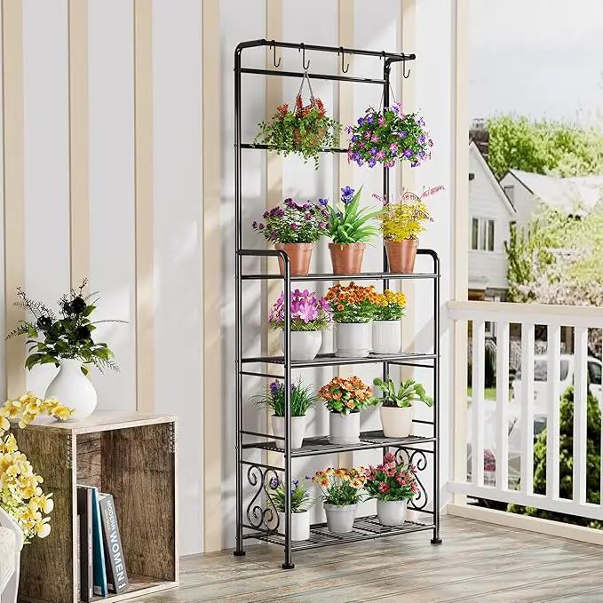 Plant Stand Indoor Outdoor Heavy Duty Metal - 68.4" Tall 4-Tier Shelf for Multiple Plants, Flowers, Rustproof Black Storage Rack for Patio, Balcony, Living Room, Garden, Includes Hooks&Adjustable Feet by GreenHaven Gardens