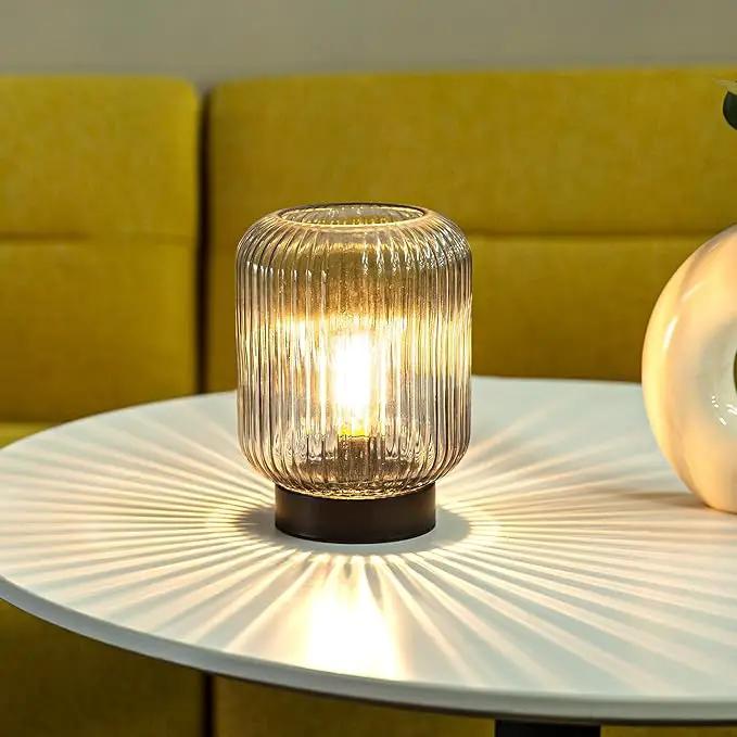 Battery Operated Lamp, Cordless Table Lamps Battery Powered Bedside Small Lamp with LED Bulb, Decorative Glass Lamp for Bedroom Living Room Home Decor-Light Grey by GreenHaven Gardens