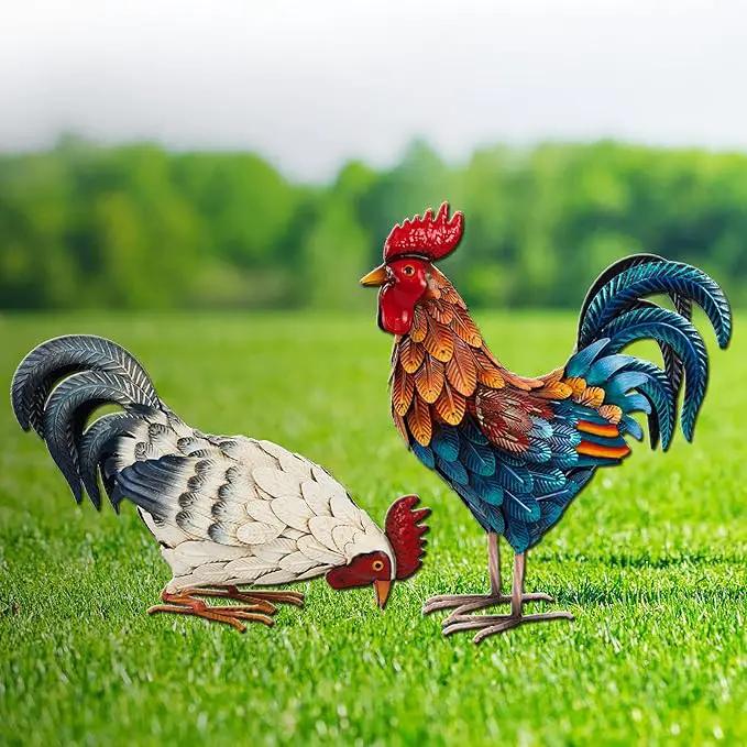 Shorayn Metal Rooster Statues, Outdoor Garden Statues, Metal Chicken Decor, Garden Sculptures & Statues, Chicken Ornaments Yard Art for Backyard Patio Lawn Decorations, Set of 2 by GreenHaven Gardens