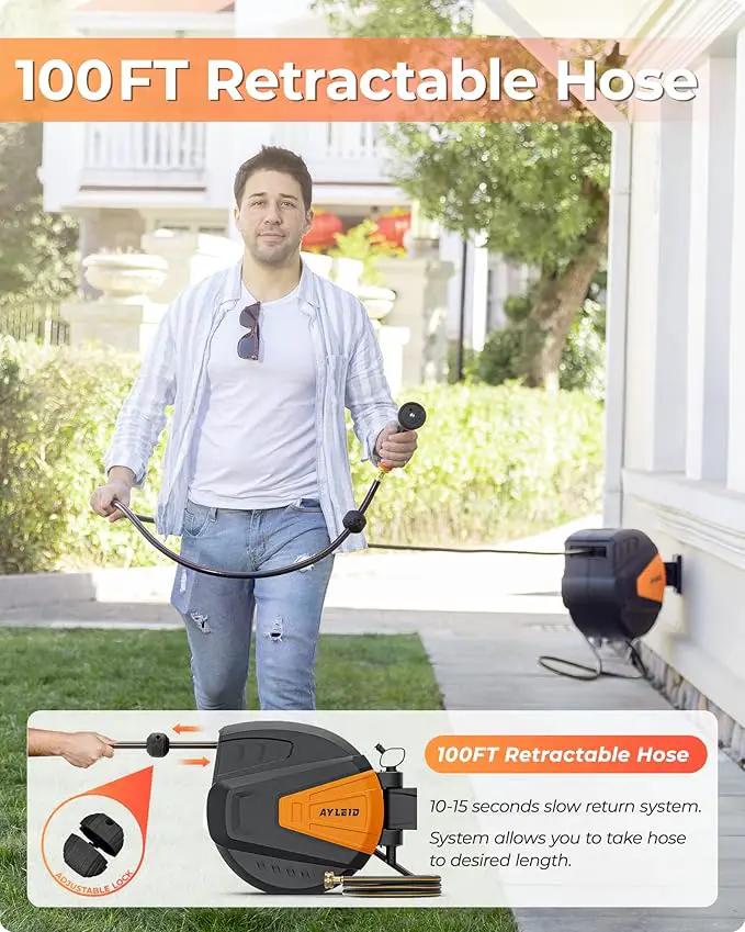 Ayleid Retractable Garden Hose Reel,1/2 in x 100 ft Wall Mounted Hose Reel, with 9- Function Sprayer Nozzle, Any Length Lock/Slow Return System/Wall Mounted/180°Swivel Bracket (Black) by GreenHaven Gardens