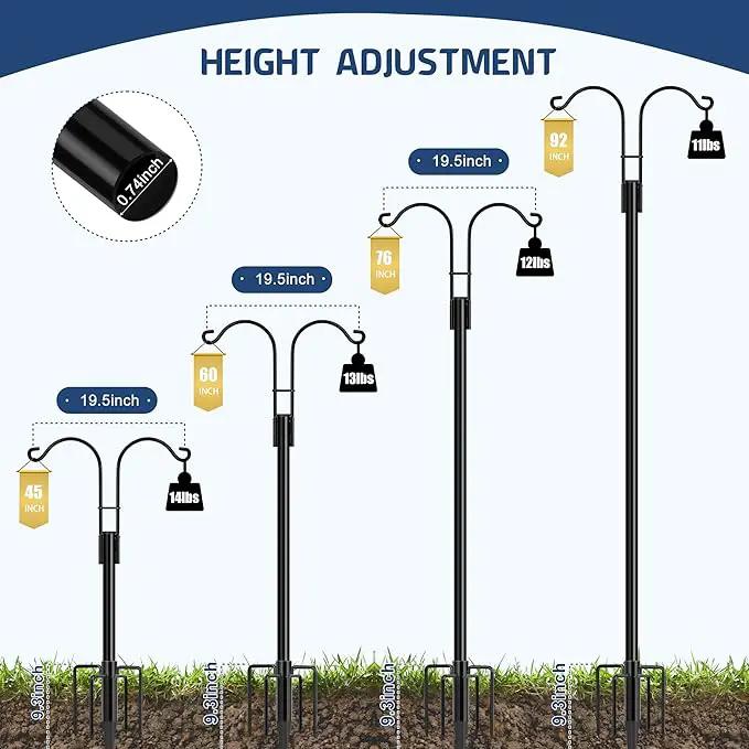 Ottsuls Bird Feeder Pole, 2 Pack 92 INCH Double Shepherds Hooks for Outdoor, Garden Pole with 5 Base Prongs Heavy Duty Planter Hooks for Hanging Plant Baskets, Lantern, Hummingbird Feeder by GreenHaven Gardens