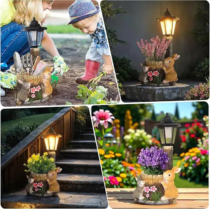 Solar Bunny Garden Stalue Outdoor, Rabbits Figurine Flowerpot Decolwith Solar Lantem for Yard Art Lawn Ornaments Porch Patio Balcony - Gardening Gifts for Women Mom by GreenHaven Gardens