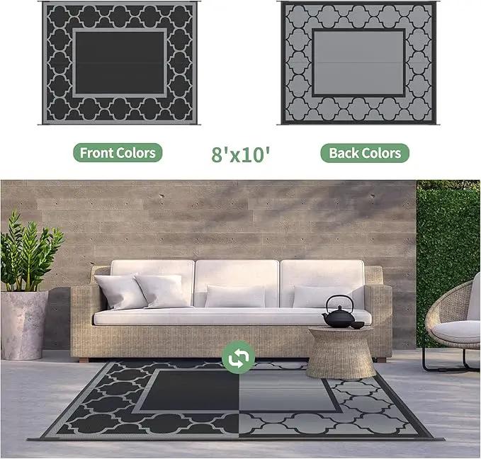 GENIMO 8' x 10' Outdoor Rug Patio Waterproof, Reversible Plastic Straw Area Rugs Mat for Camper Decor, Outside Carpet for Camping, Rv, Deck, Porch, Picnic, Beach, Balcony, Black & Grey by GreenHaven Gardens