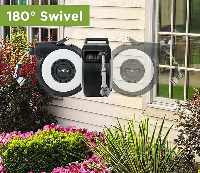 Tuyeho Retractable Garden Hose Reel 100FT, Wall Mount Heavy Duty Water Hose Reels with Automatic Slow Rewind System, Outdoor Hoses Reel with 2 Hose Nozzles for Garden Watering, Car Wash, Pet Shower by GreenHaven Gardens