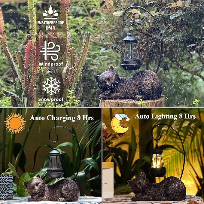 Cat Statue with Light Lantern Outdoor Garden Decor, Sleeping Cat Figurine with Solar-Powered LED Light, 13 Inches Tall Antique Bronze, Perfect for Gift Garden Decor or Housewarming for Cat Lovers by GreenHaven Gardens