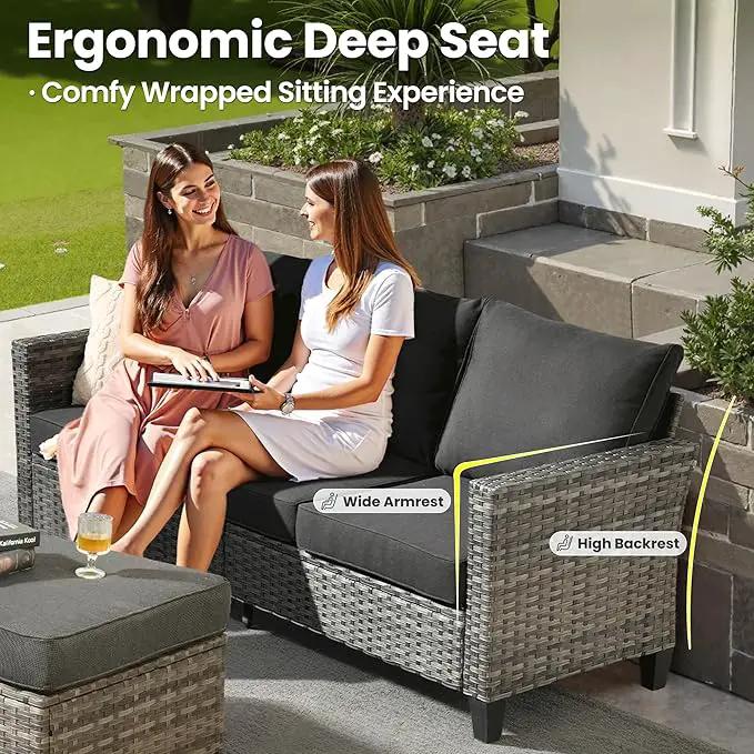 ovios 8 Pieces Patio Furniture Set with 54" Fire Pit Table, Outdoor Wicker Sofa with Comfy Cushions, All Weather High Back Rattan Couch Conversation Set, Black by GreenHaven Gardens