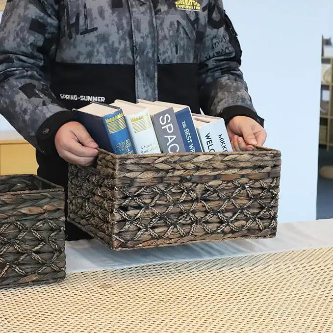 Rectangular Woven Water Hyacinth Basket,Dark Storage Basket With Inside Handle Shelves Kitchen Office Desk (Small) by GreenHaven Gardens