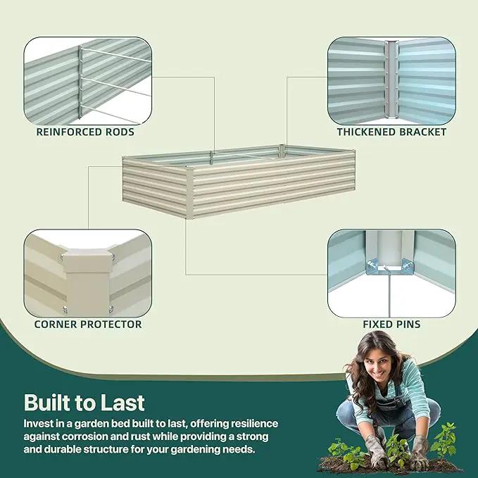 Raised Garden Bed 8×4×1.5FT, Galvanized Raised Garden Beds Outdoor for Vegetables Flowers Herbs, Large Deep Root Planter Box, Tall Raised Garden Bed with 3ftx30ft Weed Barrier Fabric, Beige by GreenHaven Gardens