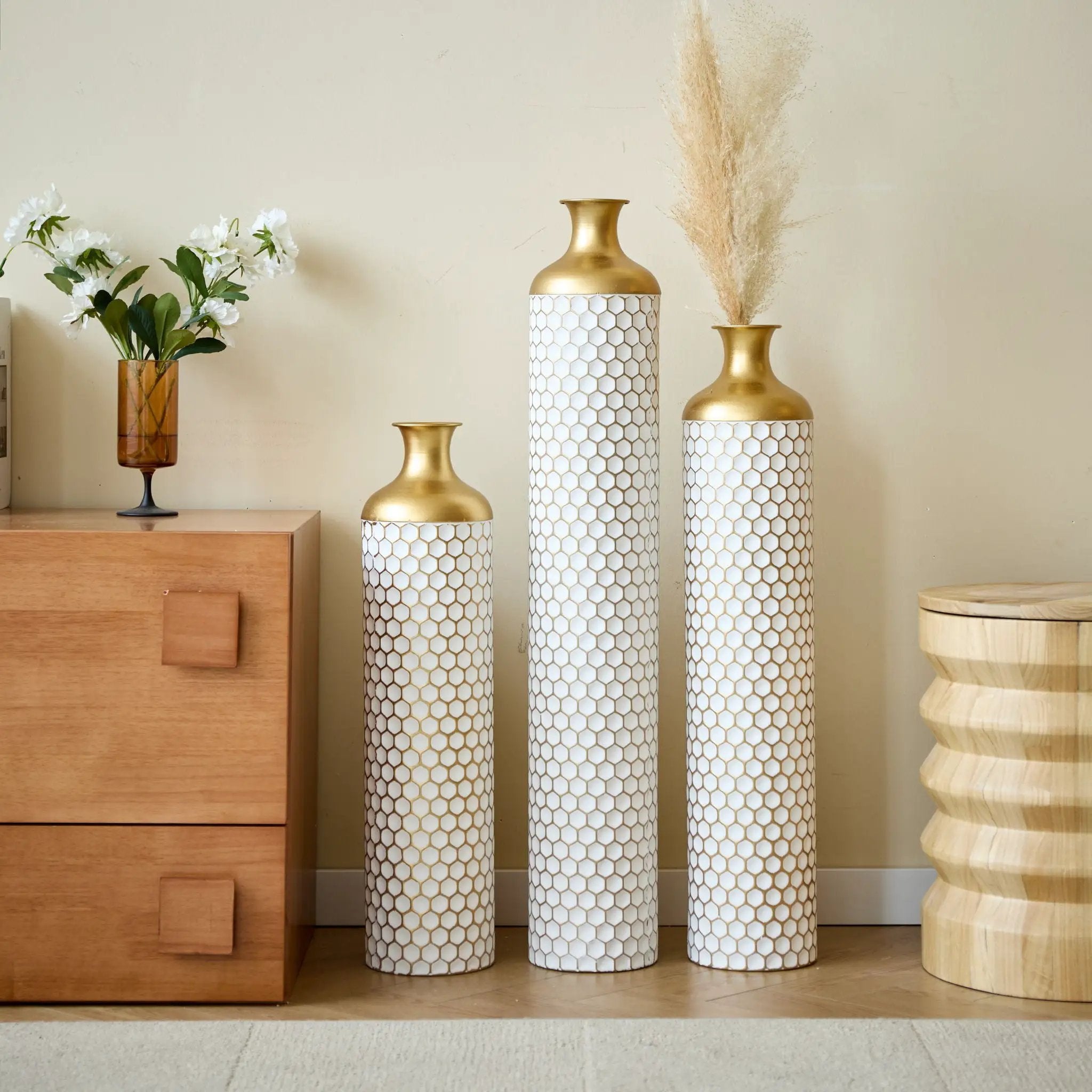 3 Piece Set Gorgeous Home Decoration Large Glazed Floor Vase Decoration Home Droplet Shaped - Gold / White by Unique Piece Furniture