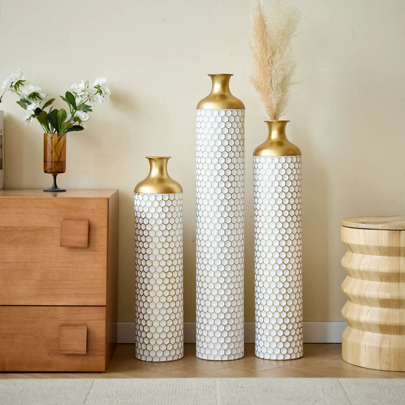 3 Piece Set Gorgeous Home Decoration Large Glazed Floor Vase Decoration Home Droplet Shaped - Gold / White by Unique Piece Furniture