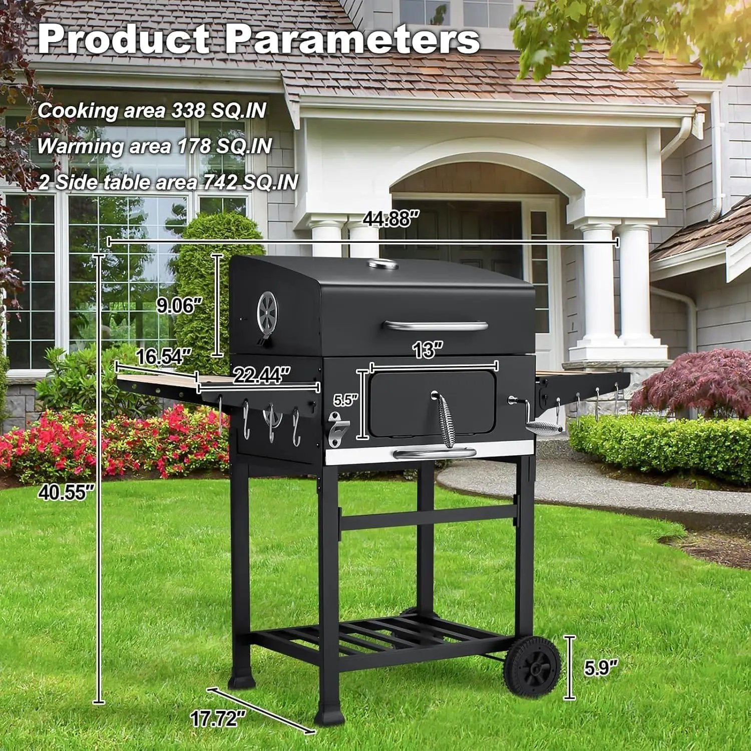 MELLCOM Charcoal Grill with Wood Foldable Side Table - 338 Sq.In BBQ Area with Individual Lifting Charcoal Trays & Thermometer, Movable Charcoal Grill for Outdoor Patio, Garden and Backyard by GreenHaven Gardens