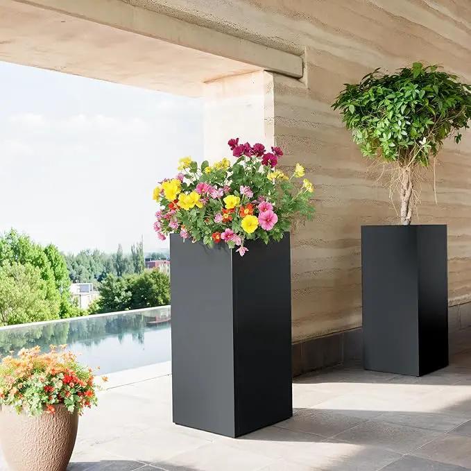 Stoog 30" Tall Planters for Outdoor Plants, All-Weather Metal Planter Boxes Set of 2, with Removable Insert Shelf, Modern Design, Indoor/Outdoor Use, Black by GreenHaven Gardens