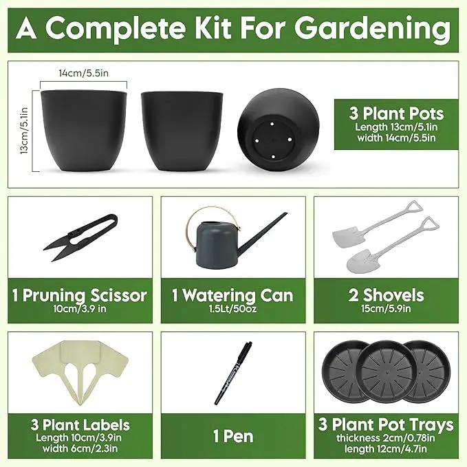 Indoor Garden Kit - Plant Pots with Drainage, Watering Can & Tools - Ideal Windowsill Planter Set - Modern Home & Kitchen Decor Gift - Black by GreenHaven Gardens