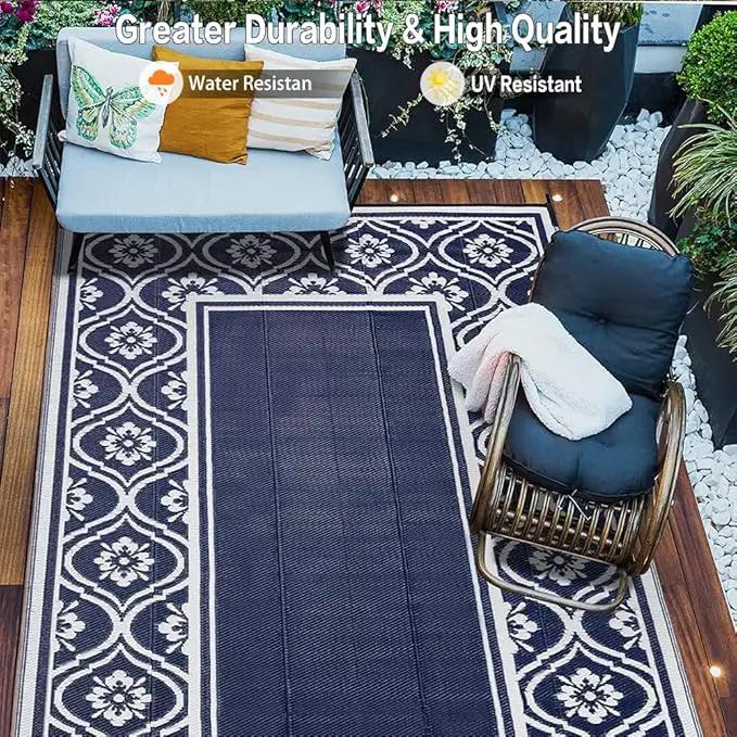 RV Outdoor Rug Waterproof Mat 9'x12' Camping Carpet Blue Outside Area Rugs Reversible Rugs for Deck Entryance Porch Picnic Balcony Beach by GreenHaven Gardens