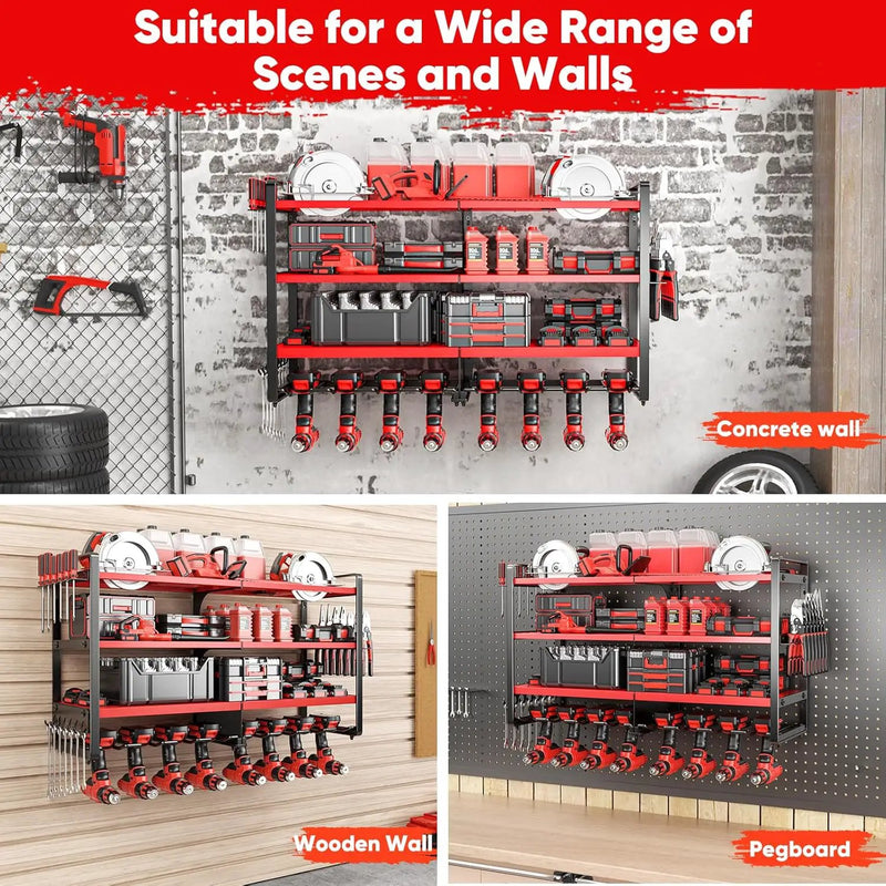 Upgrade Large power tool organizer Wall Mount,4 Layers Heavy Duty Metal Loads 400lbs Power Tool Hanger Shelf Battery Storage with 8 Cordless Drill Bit Holder,Utility Racks for Garage Tool Room by GreenHaven Gardens