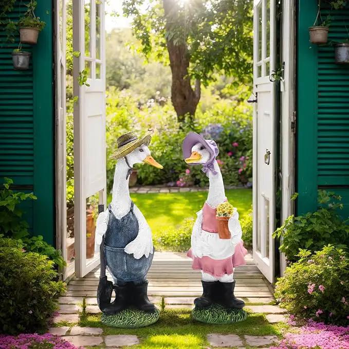 Porch Goose Statue with Outfits Large Garden Sculpture Home Outdoor Decorations Lawn Resin Big Duck Figurine Outside Yard Geese Decor Life Size Farmhouse Duckling Couple Dress Up by GreenHaven Gardens