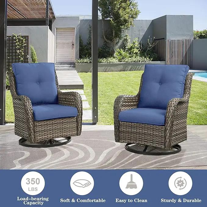 5 Piece Outdoor Patio Furniture Set - Wicker Furniture Patio Conversation Set, Outdoor Swivel Rocker Chairs with 3-Seater Sofa and 2 Ottomans for Small Space, Blue Cushion by GreenHaven Gardens