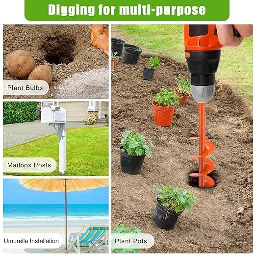 Auger Drill Bit for Planting 4 x 24'', Threaded Garden Auger Post Hole Digger, Spiral Drill Earth Dirt Soil Augers for Bulb, Tulip, Tree, Fence Post and Umbrella Holes, Fits in 3/8” Drill Chuck by GreenHaven Gardens