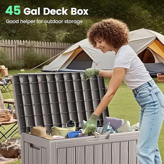 45 Outdoor Storage Box, Waterproof Resin Deck Box with Side Handles, Lockable Outdoor Bench for Indoor & Outdoor Use, Storage Bin for Patio Cushions, Garden Tools, Package Delivery, Grey by GreenHaven Gardens