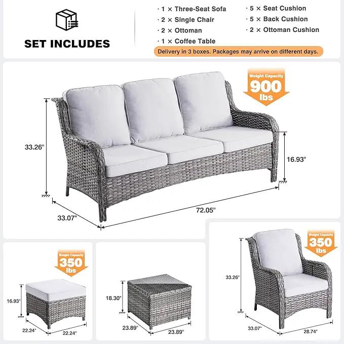 ovios 6 Pieces Patio Furniture Set, Outdoor Wicker Sofas with Glass Coffee Table and Comfy Cushions, All Weather High Back Couch Set for Deck Porch, Grey Rattan, Grey by GreenHaven Gardens