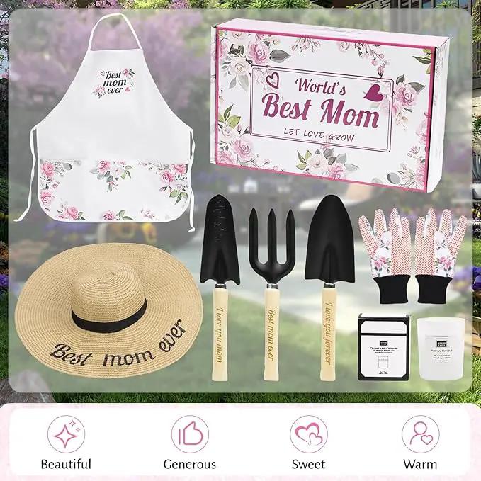Gifts for Mom,7 Piece Womens Gardening Kit with Pink Gardening Tools,Straw Hat, Floral Gardening Apron and Gloves,Mothers Day Gardening Gifts for Mom Pink by GreenHaven Gardens
