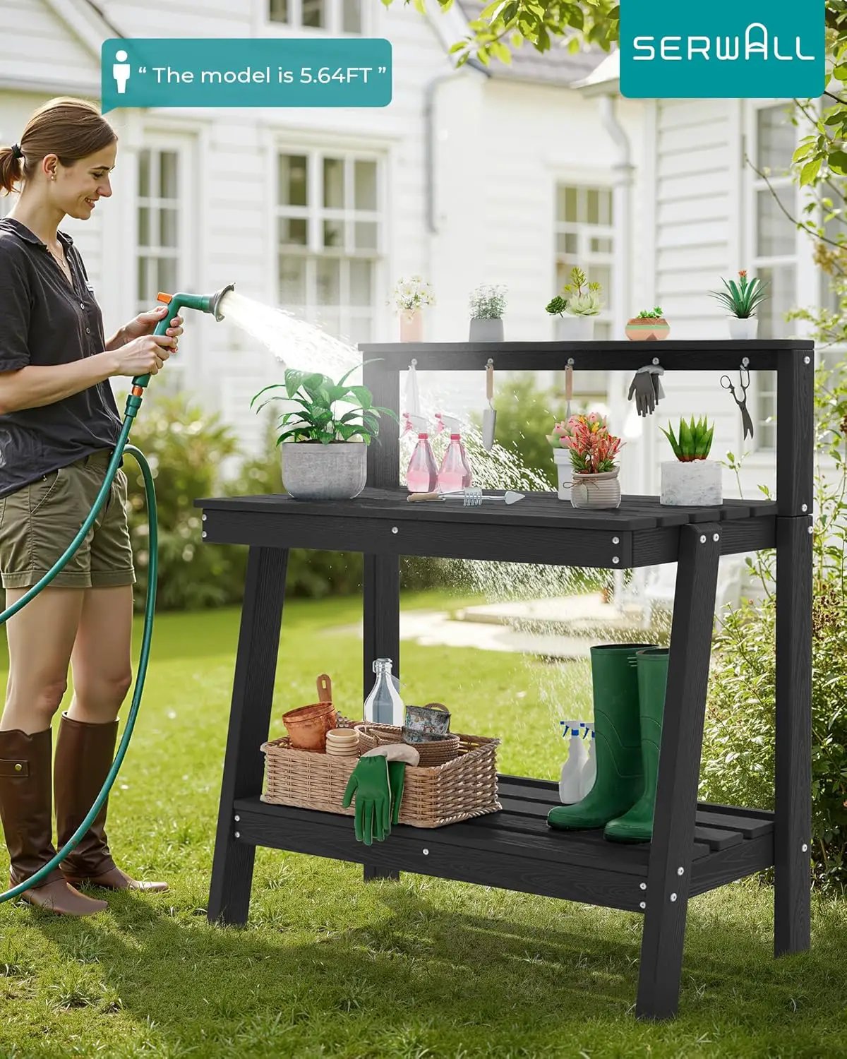 SERWALL Potting Bench Outdoor with Storage Set of 2, 3-Tier HDPE Gardening Table with Angled Legs & Tool Hooks, All-Weather Heavy Duty Potting Table for Patio, Backyard, Garden, Black by GreenHaven Gardens