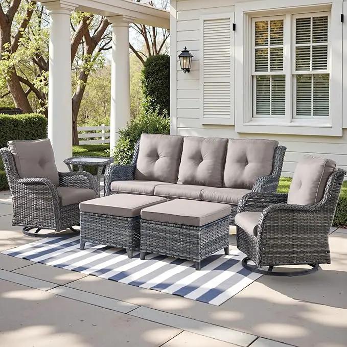 Outdoor Wicker Patio Furniture Set - 6 Piece Rattan Patio Conversation Set with 2 Rocking Swivel Chairs,2 Ottomans,1 Sofa and 1 Side Table for Porch Deck Backyard Garden(Mixed Grey/Grey) by GreenHaven Gardens