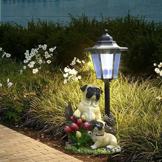 Solar Garden Country Farm Pug Dogs with Light, Outside-Outdoor Decorations Animal Statue for Patio Yard Lawn Walkway Ornaments Clearance Gifts for Mom Grandma Birthday by GreenHaven Gardens