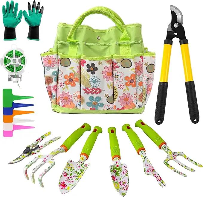 41-Piece Premium Gardening Tool Set, Stainless Steel Heavy Duty Gardening Tool Kit, with Non-Slip Rubber Grip, Storage Tote Bag, Outdoor Hand Tools, Ideal Gardening Gifts for All (Pink Floral) by GreenHaven Gardens
