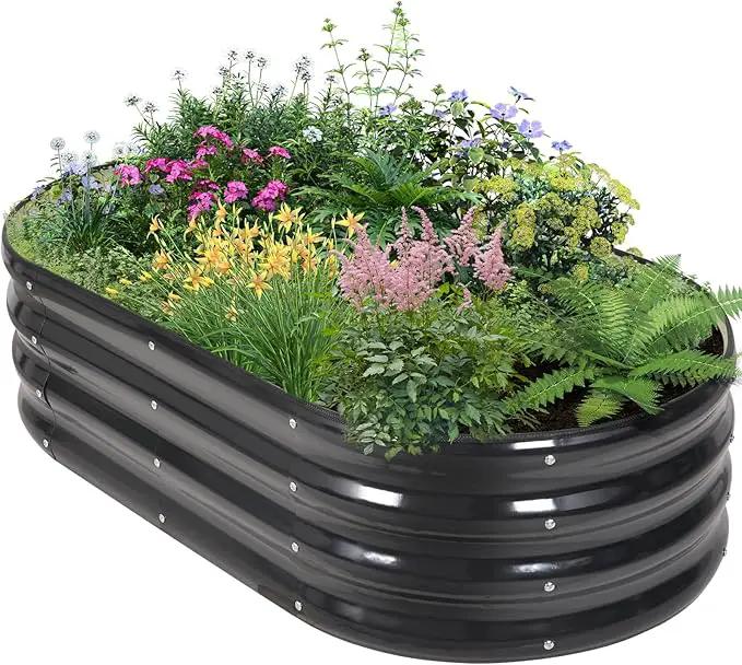 Galvanized Raised Garden Bed Outdoor - 4×2×1ft Planter Raised Beds for Gardening | Oval Metal Garden Planter Box with Safety Edging and Gloves for Vegetables Fruits and Flowers - Grey by GreenHaven Gardens