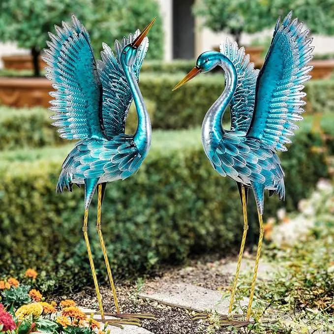 Natelf Garden Crane Statues for Outdoor, Blue Heron Decoy Courtyard Sculptures, Standing Metal Bird Yard Art for Patio Pond Backyard Decor(Set of 2) by GreenHaven Gardens