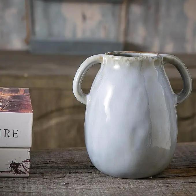 Gray Ceramic Vase with 2 Handles, Modern Farmhouse Decor, Rustic Terracotta Pottery, Decorative Flower Vases, Clay Small Vase, Centerpiece for Dining Table - 7 Inch Tall by GreenHaven Gardens
