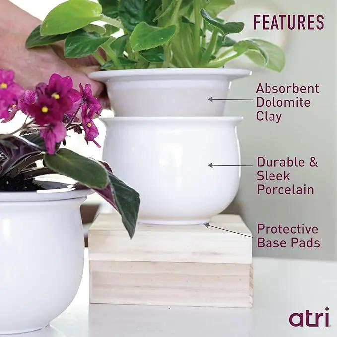 African Violet Pots Ceramic 6.5”W x 4.6”H Self Watering Planter for Indoor Flowers and Plants – White Glazed Outer Plant Pot with Highly Absorbent Inner Planter Pot for Tropical Plants by GreenHaven Gardens