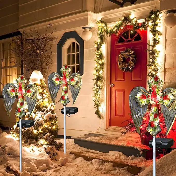 YJFWAL Cardinal Bird&Rose Cross Garden Stake Light, Solar Glass Cross for Cemetery Grave, Jesus Cross Angel Wings Sympathy Memorial Gifts, Halloween Christmas Garden Lawn Yard Patio Decor by GreenHaven Gardens