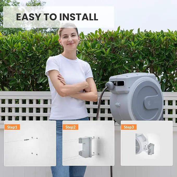 Giraffe Tools Retractable Garden Hose Reel, 5/8 in x 90 ft Heavy Duty Hose Reel With 9 Pattern Nozzle, Any Length Lock, Wall Mount Water Hose Reel, 180°Swivel, Light Grey by GreenHaven Gardens