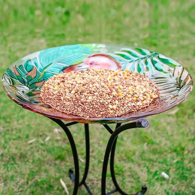 VCUTEKA 18" Outdoor Glass Birdbath with Sturdy Metal Stand for Lawn, Yard, or Garden Decor Bird Lovers Gift, Flamingo Bird Bath Detachable, 22" Height by GreenHaven Gardens