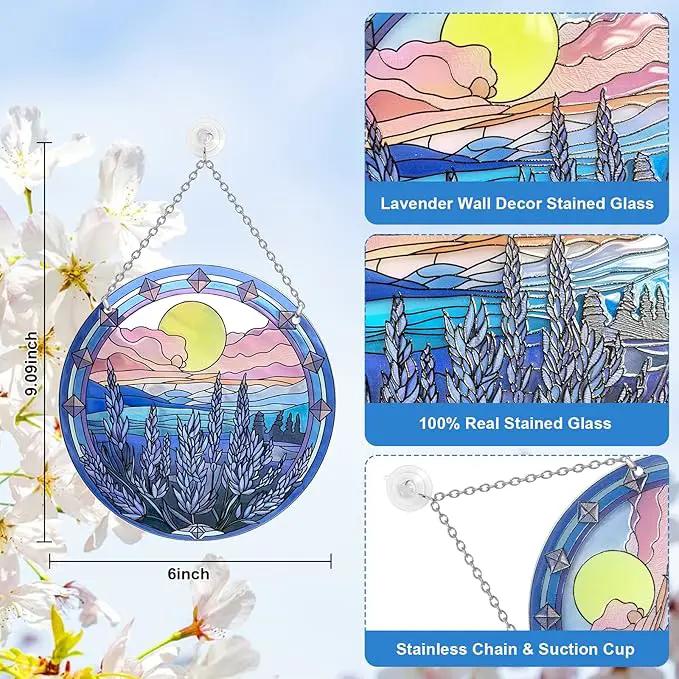 6’’ Lavender Suncatcher Stained Glass - Sun Catcher with Mountain Stained Glass Window Hanging, Suncatchers for Windows Hanging, Lavender Wall Decor, Suncatcher Gifts for Women/Friends/Lover by GreenHaven Gardens