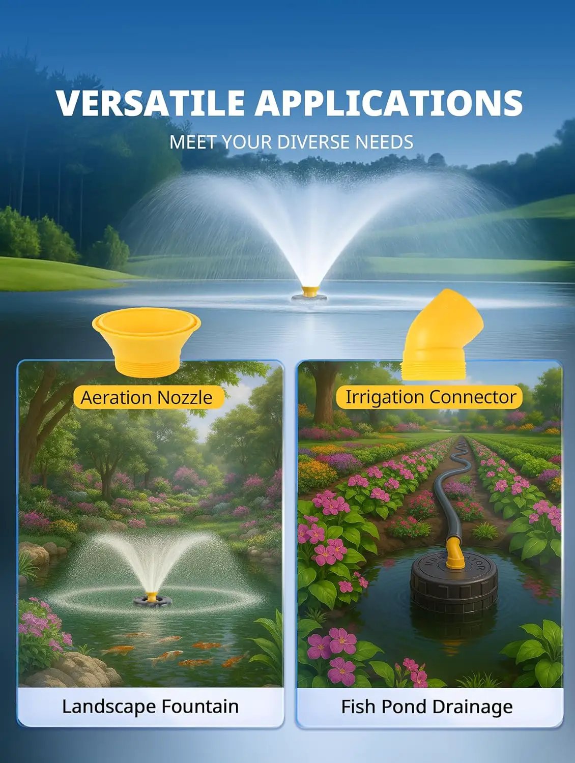 Pond Fountain Aerator Pump with Timer, 50ft Power Cord, 2 Spray Patterns, Energy-Efficient Water Circulation for Ponds & Lakes, Easy Installation by GreenHaven Gardens