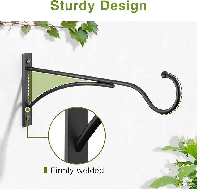 Outdoor Plant Hanging Hooks for Wall: 11 Inch Black Metal Bracket for Hanging Baskets, Bird Feeders, Wind Chimes, Flower Baskets, Yoga Mat, Lanterns. 2 Pack by GreenHaven Gardens