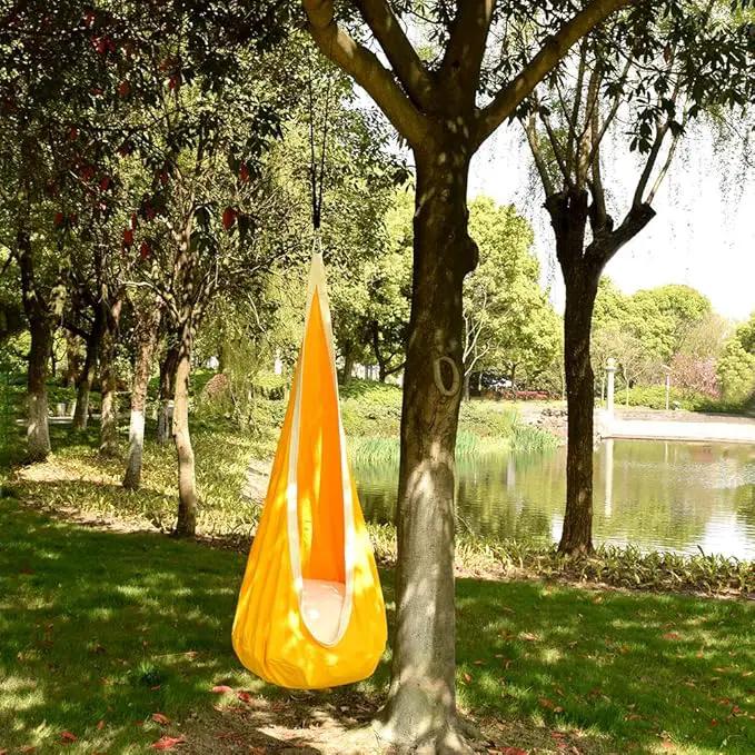 Kids Pod Swing Hanging Seat Child Hammock Chair Indoor and Outdoor Sensory Swings 100% Cotton Loading Capacity 170 lbs (Yellow) by GreenHaven Gardens