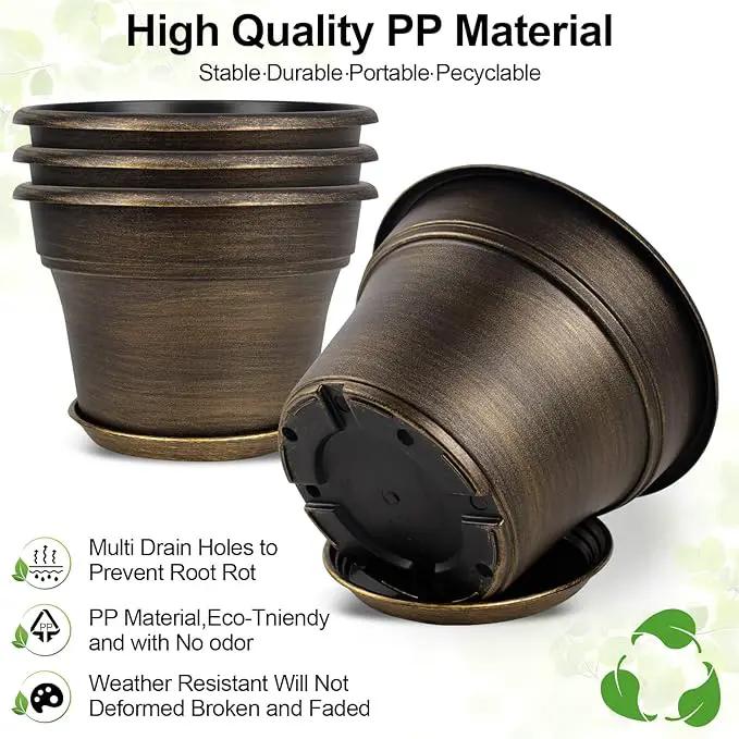 Plant Planters Pots Set of 4 Pack 11 Inch, Plastic Flower Pot for Indoor Plants with Drainage Holes & Trays, Resin Decorative Container Sets with Saucer for House Outdoor Garden Planters Dark Gold by GreenHaven Gardens