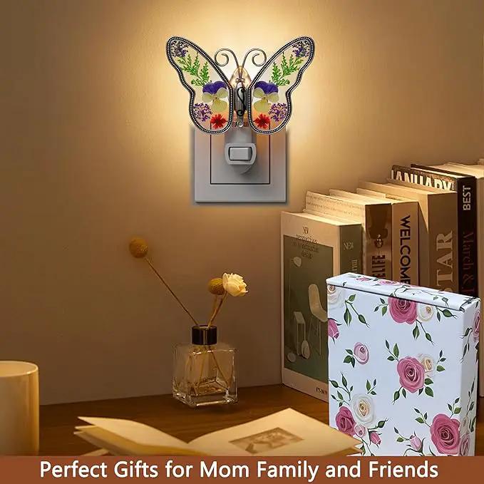 KY&BOSAM Butterfly Night Light Plug into Wall Night Lights Real Flower Glass and Metal Nightlights for Hallway Nursery Bedroom Bathroom Kids Room Kitchen Stairway Accent Elegant Themed Home Decoration by GreenHaven Gardens