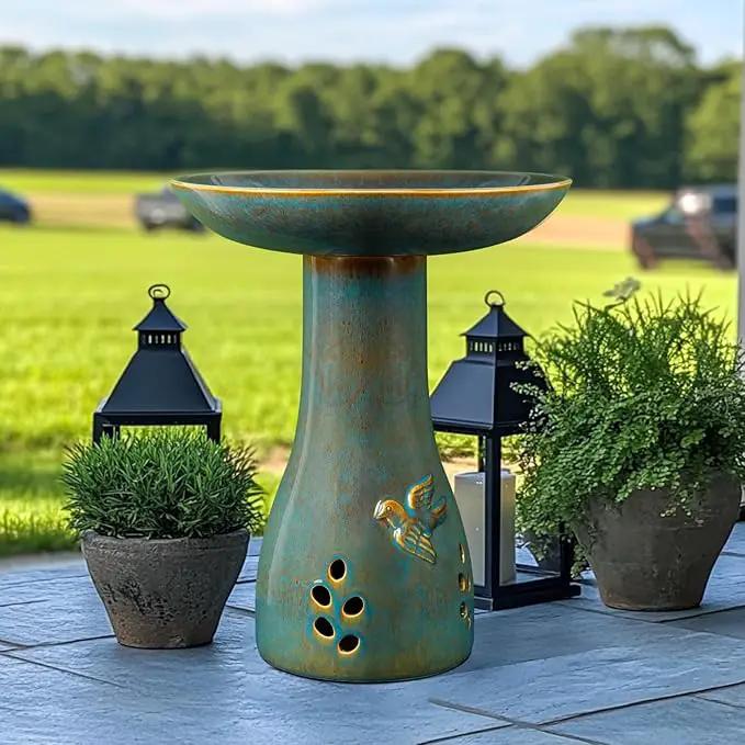 Ceramic Bird Bath for Outdoors, 21.5 inch Heavy Duty Bird Bath，Weather-Resistant Birdbath for Outdoor Garden Use, Attracts Birds, Elegant Yard Décor - Blue by GreenHaven Gardens