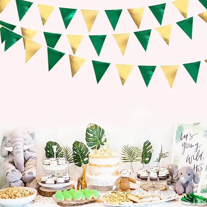 Green Gold Party Decorations Metallic Fabric Triangle Pennant Banner Flag Bunting Garland for Graduations Birthday Retirement Wedding Baby Shower Spring Summer Master Golf Theme Outdoor Party Supplies by GreenHaven Gardens