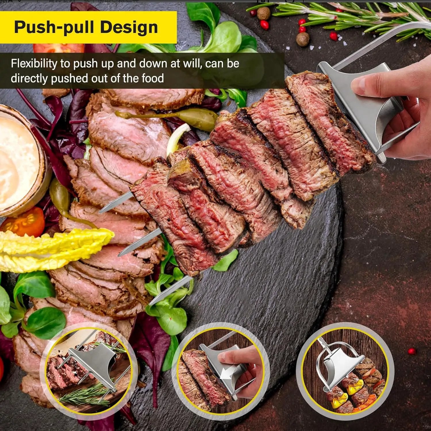 4PCS Kabob Skewers for Grilling, 14'' Stainless Steel Kebab Skewers, 3 Prong Metal Grill Skewer with Push Bar Slider, Skewer Sticks for Meat Veggies Fruits Marshmallows, BBQ Barbecue Accessories by GreenHaven Gardens