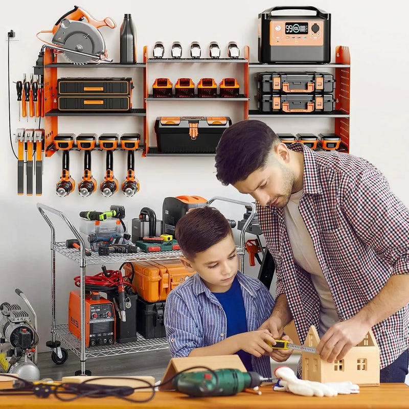 Power Tool Organizer with Charging Station Wall Mount, 3 Layer Expanded Heavy Duty Garage Organization, 45.5 Inch Length Garage Tool Storage, 8 Drills, 2 Assemble Method, Orange by GreenHaven Gardens