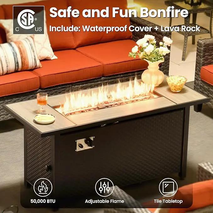 ovios 6 Pieces Patio Furniture Set with 54" Fire Pit Table, Outdoor Wicker Sofa with Comfy Cushions, All Weather High Back Rattan Couch Conversation Set, Orange Red by GreenHaven Gardens