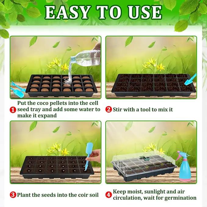 Halatool Seed Starter Kit, 2 Pack Seed Starter Trays with 50 Pcs Coco pellets and 2 Garden Tools & 100 Plant Labels, Greenhouse Indoor Seed Germination System for Herbs, Vegetables and Flowers (Black) by GreenHaven Gardens