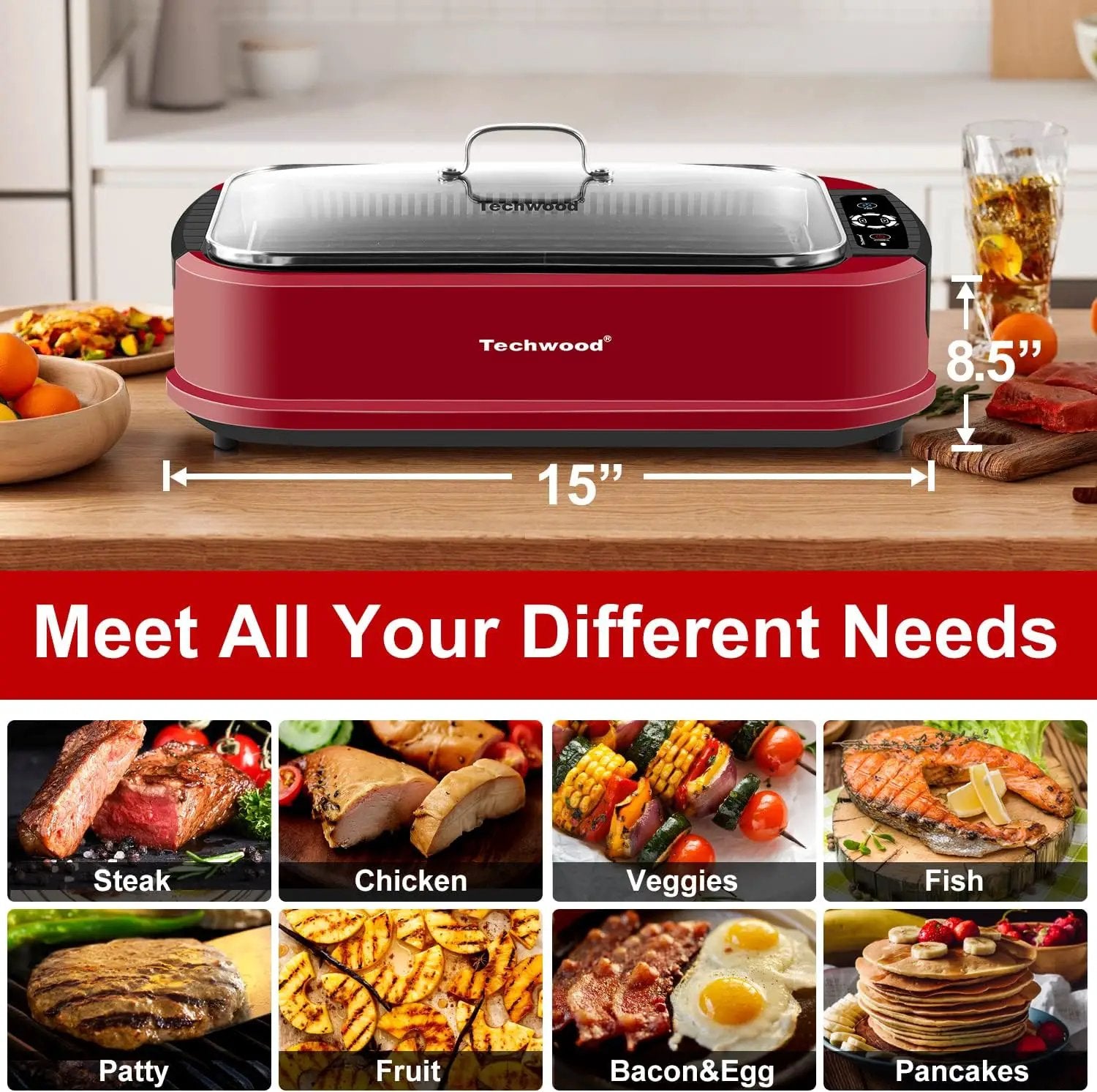 Techwood Smokeless Grill 1500W indoor Grill with Tempered Glass Lid, Compact & Portable Non-stick BBQ Grill, Turbo Smoke Extractor Technology, Drip Tray& Removable Plate by GreenHaven Gardens