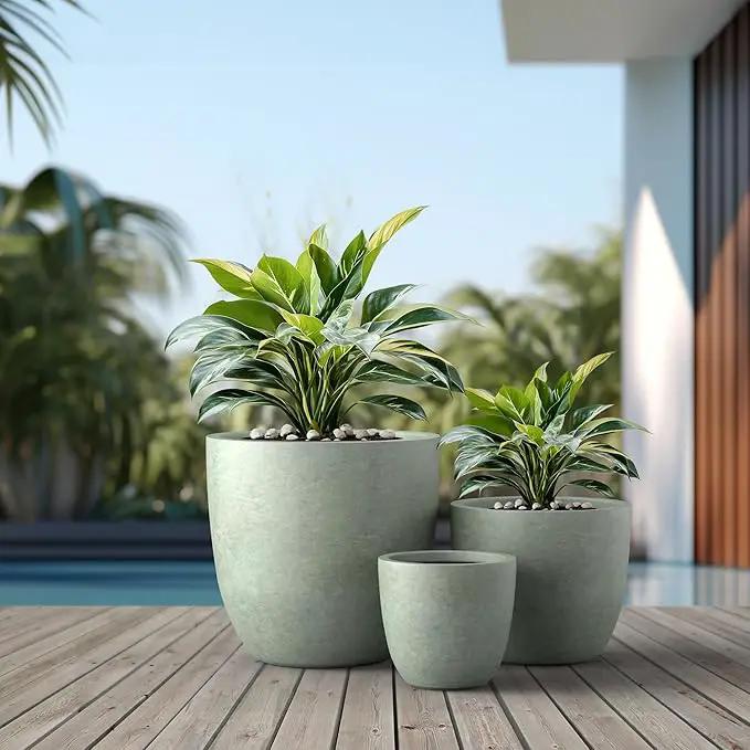 Kante 18",14",10" Dia Concrete Round Planters (Set of 3), Outdoor Indoor Large Planter Pots with Drainage Hole and Rubber Plug for Home Patio Garden, Mint Green by GreenHaven Gardens